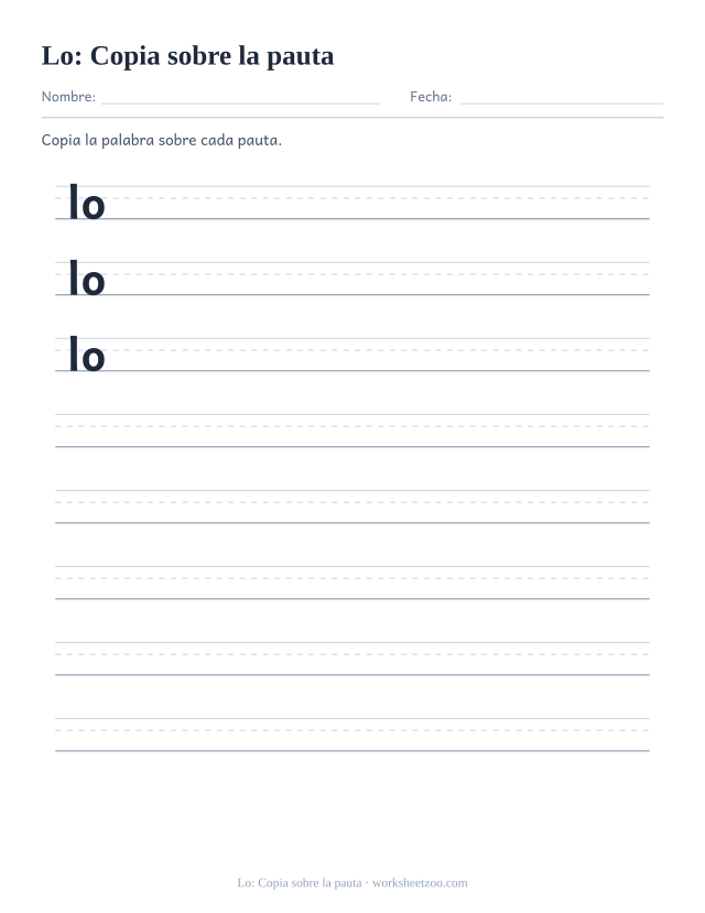 Ficha de la palabra frecuente «lo», copia sobre la pauta para imprimir