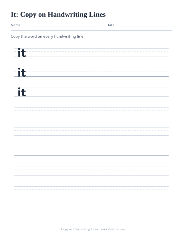 Sight word “it” worksheet, copy on handwriting lines printable activity