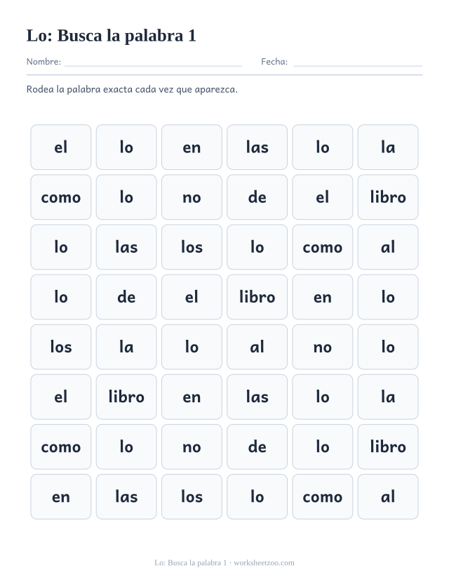 Ficha de la palabra frecuente «lo», busca la palabra 1 para imprimir