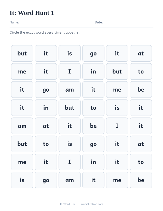 Sight word “it” worksheet, word hunt 1 printable activity