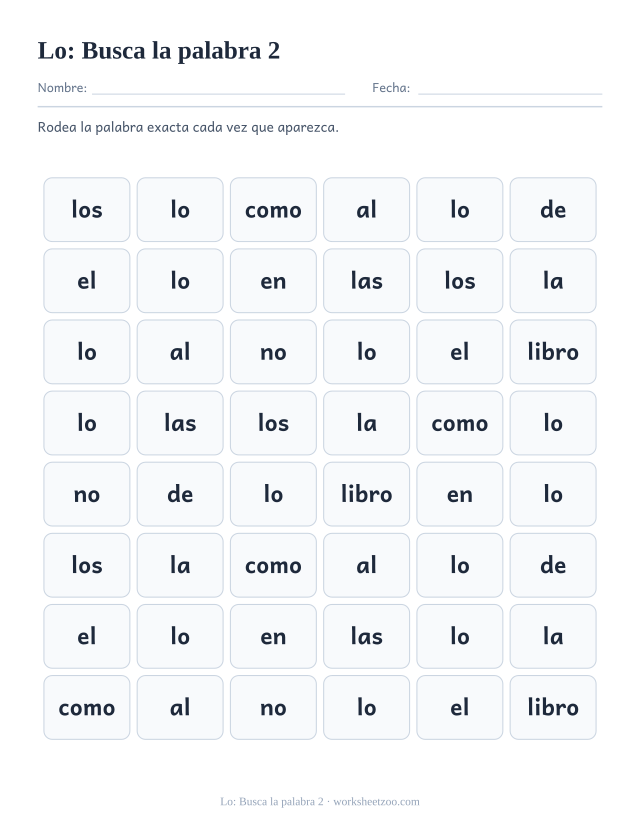 Ficha de la palabra frecuente «lo», busca la palabra 2 para imprimir