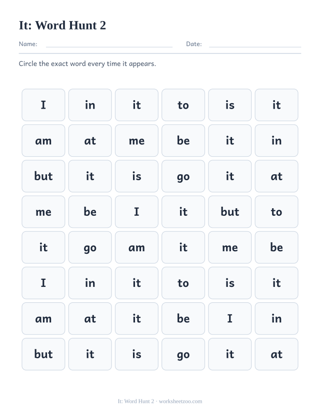 Sight word “it” worksheet, word hunt 2 printable activity
