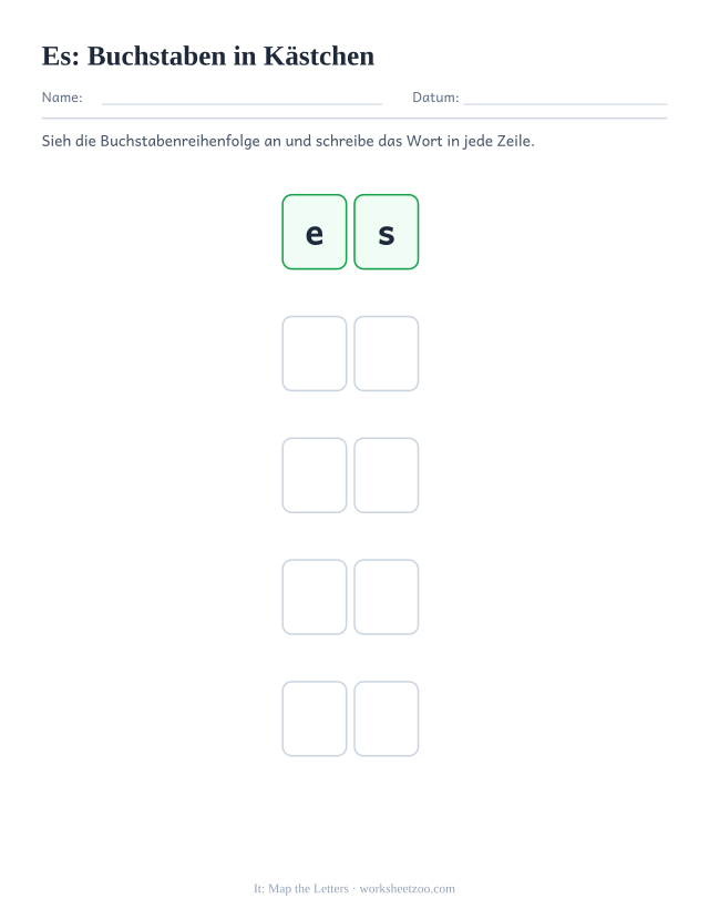 Vorschau: häufiges Wort „es“, Buchstaben in Kästchen