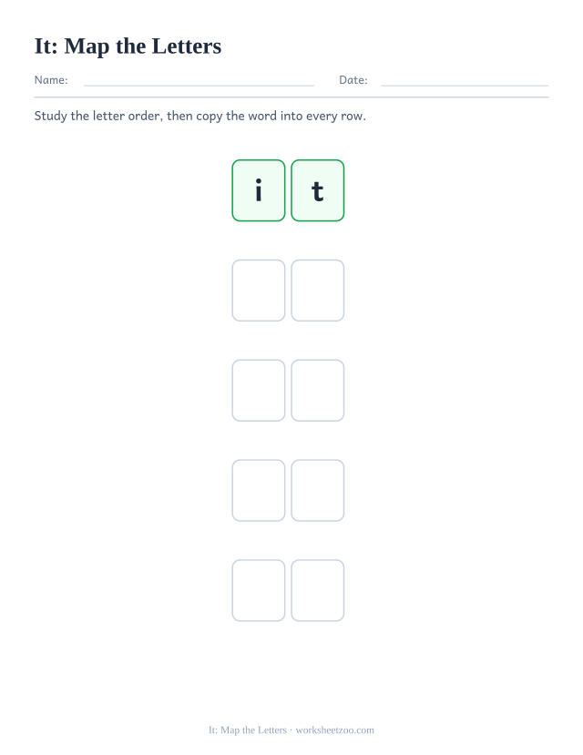 Sight word “it” worksheet, map the letters printable activity