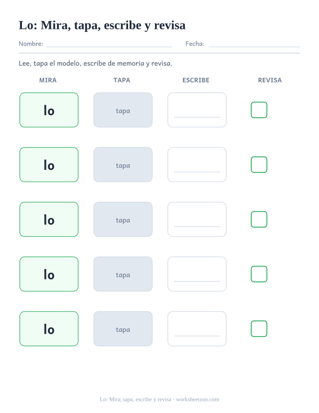 Ficha de la palabra frecuente «lo», mira, tapa, escribe y revisa para imprimir