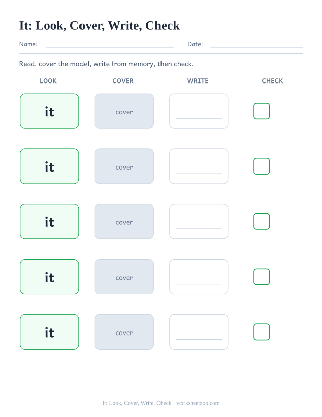 Sight word “it” worksheet, look, cover, write, check printable activity