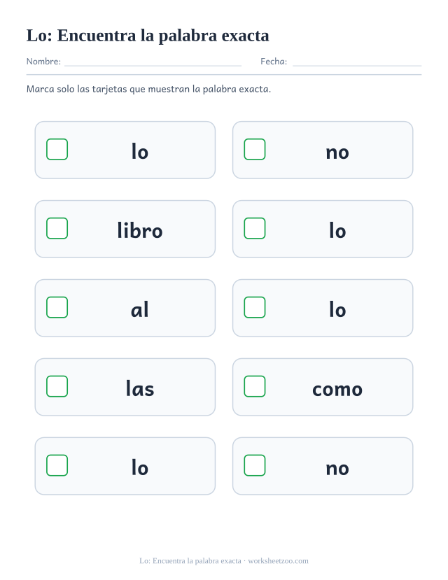 Ficha de la palabra frecuente «lo», encuentra la palabra exacta para imprimir
