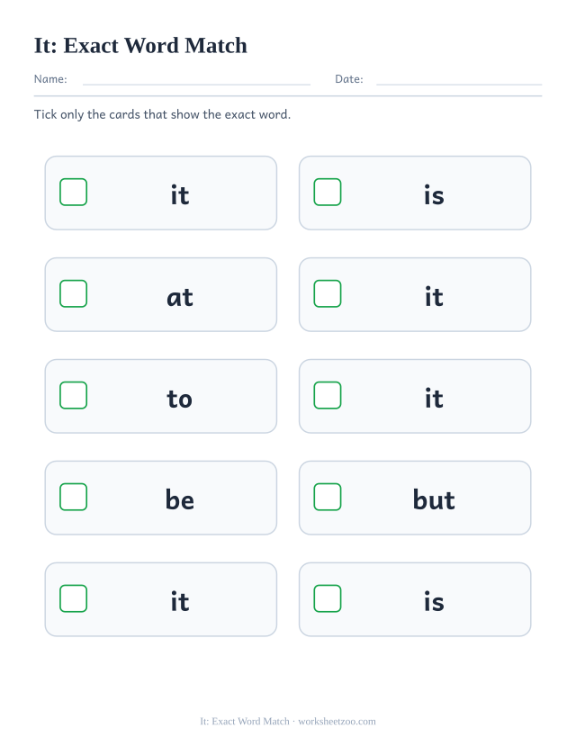 Sight word “it” worksheet, exact word match printable activity