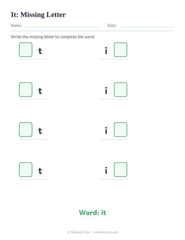 Sight word “it” worksheet, missing letter printable activity