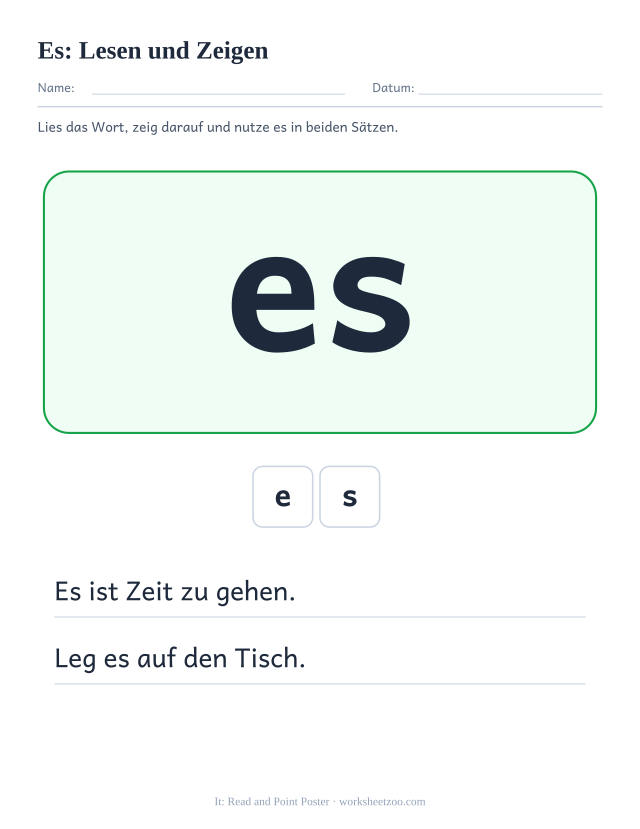 Vorschau: häufiges Wort „es“, Lesen und Zeigen