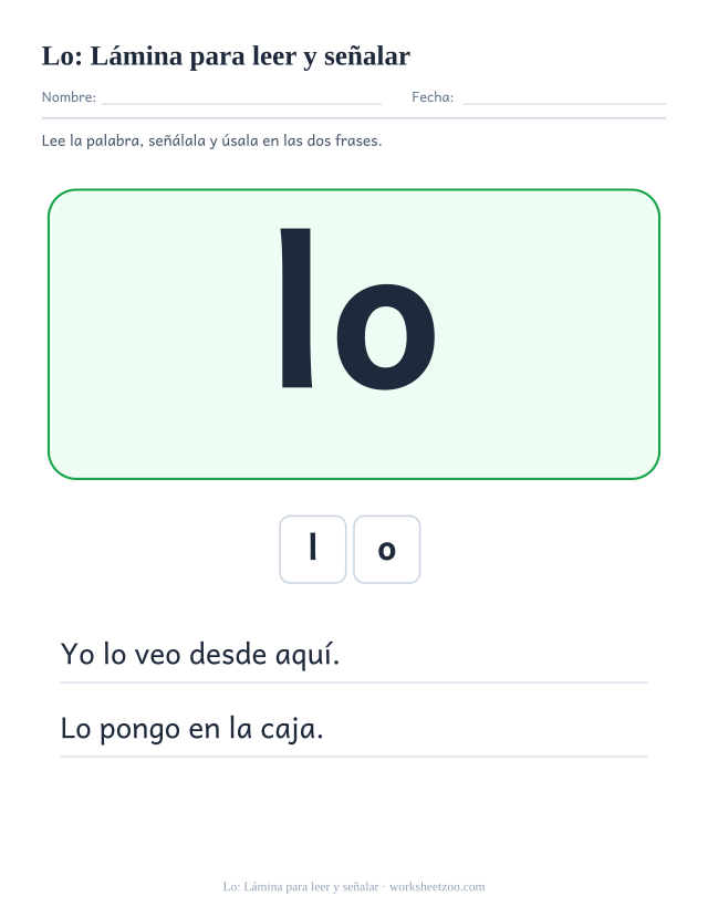 Ficha de la palabra frecuente «lo», lámina para leer y señalar para imprimir