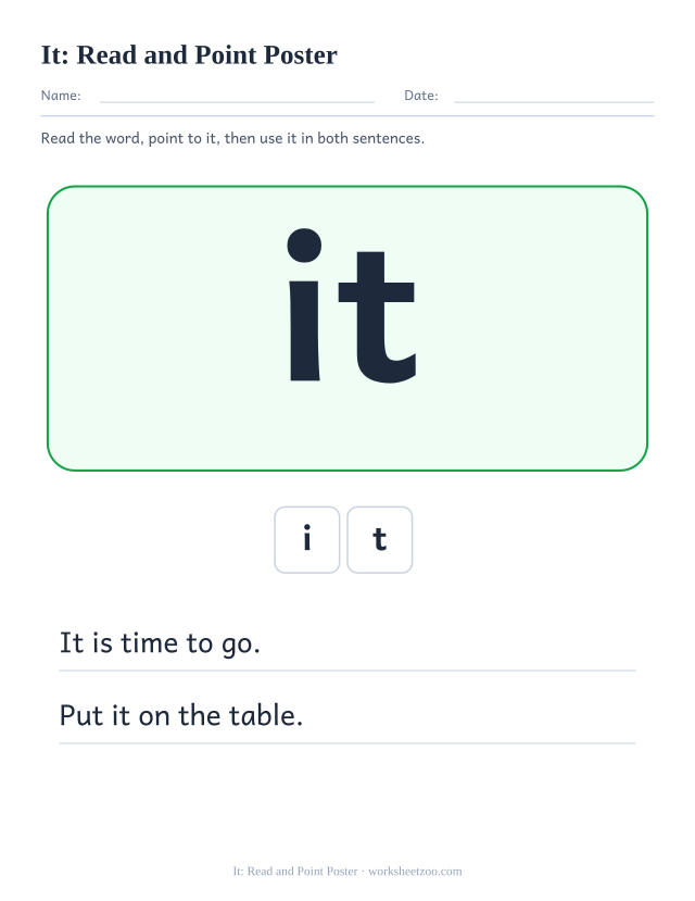 Sight word “it” worksheet, read and point poster printable activity