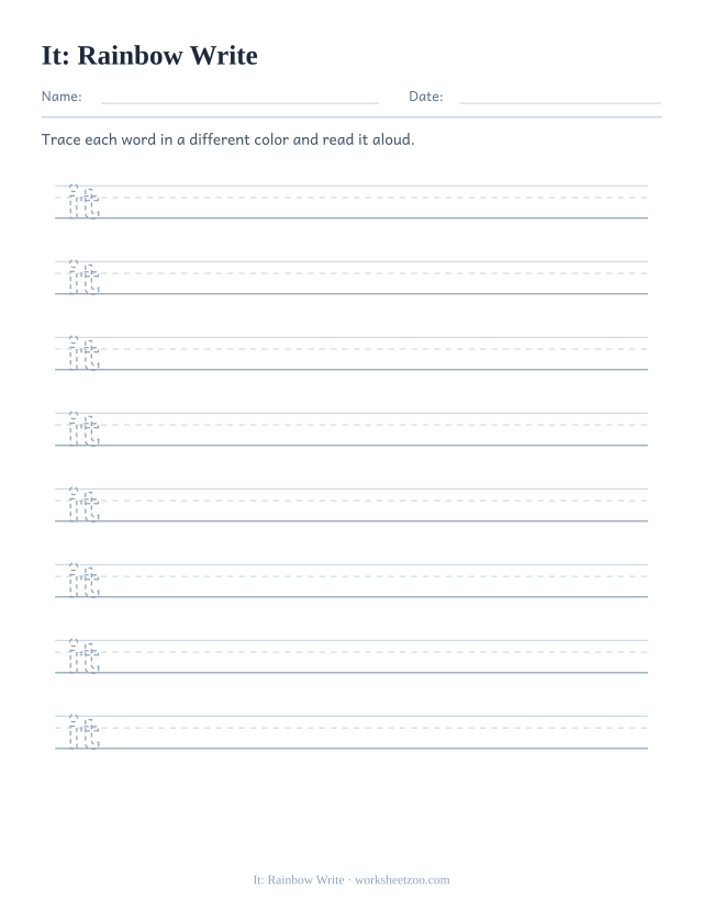 Sight word “it” worksheet, rainbow write printable activity