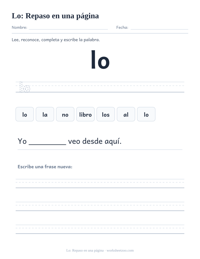Ficha de la palabra frecuente «lo», repaso en una página para imprimir