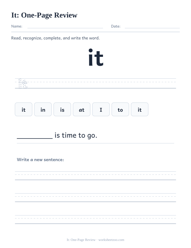 Sight word “it” worksheet, one-page review printable activity