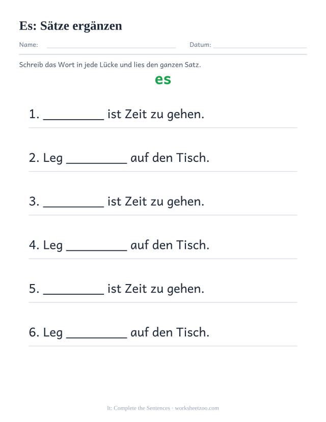 Vorschau: häufiges Wort „es“, Sätze ergänzen
