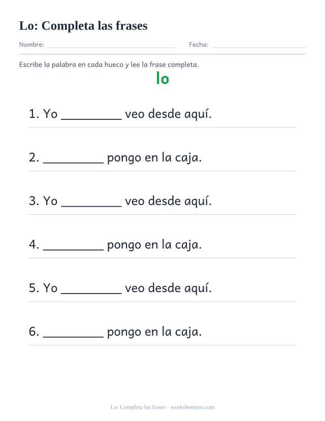 Ficha de la palabra frecuente «lo», completa las frases para imprimir