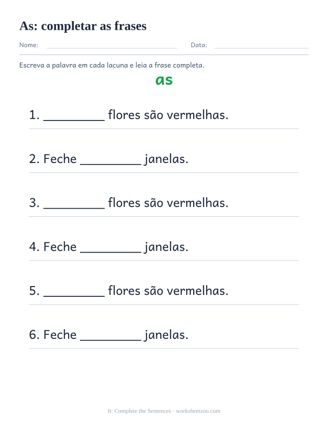 Prévia da palavra frequente “as”, completar as frases