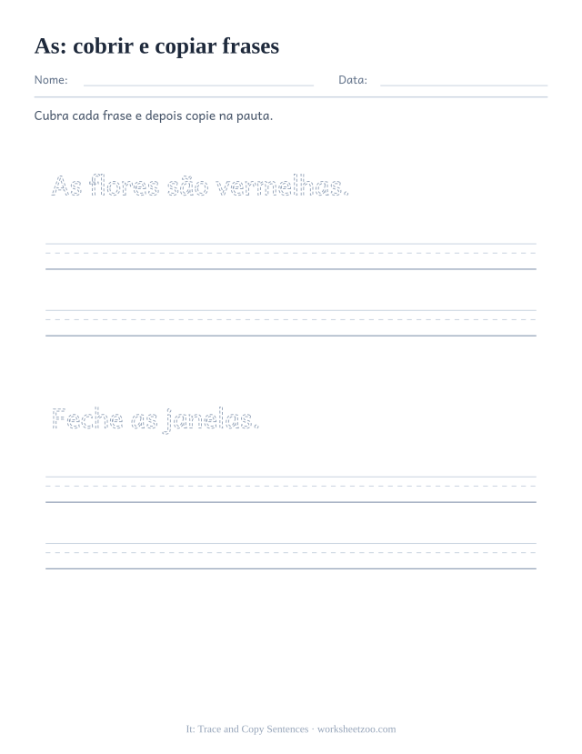 Prévia da palavra frequente “as”, cobrir e copiar frases