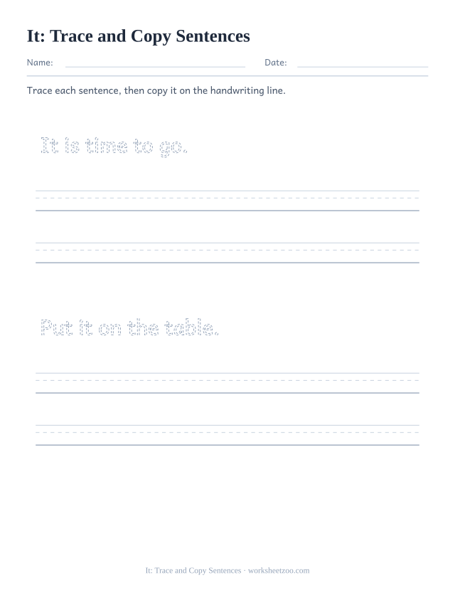 Sight word “it” worksheet, trace and copy sentences printable activity