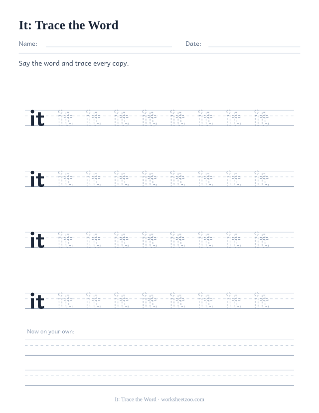Sight word “it” worksheet, trace the word printable activity