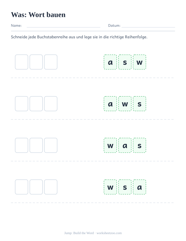 Vorschau: häufiges Wort „was“, Wort bauen