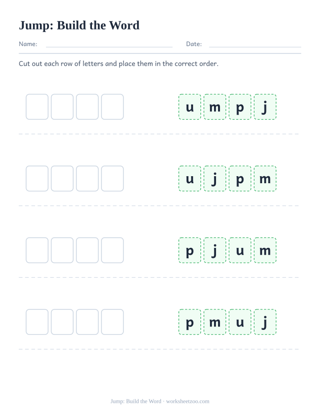 Sight word “jump” worksheet, build the word printable activity