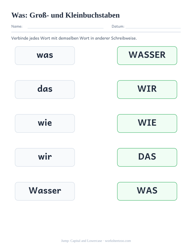 Vorschau: häufiges Wort „was“, Groß- und Kleinbuchstaben