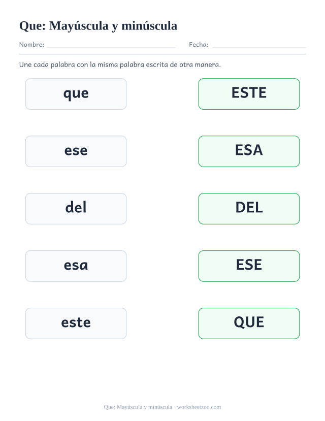 Ficha de la palabra frecuente «que», mayúscula y minúscula para imprimir