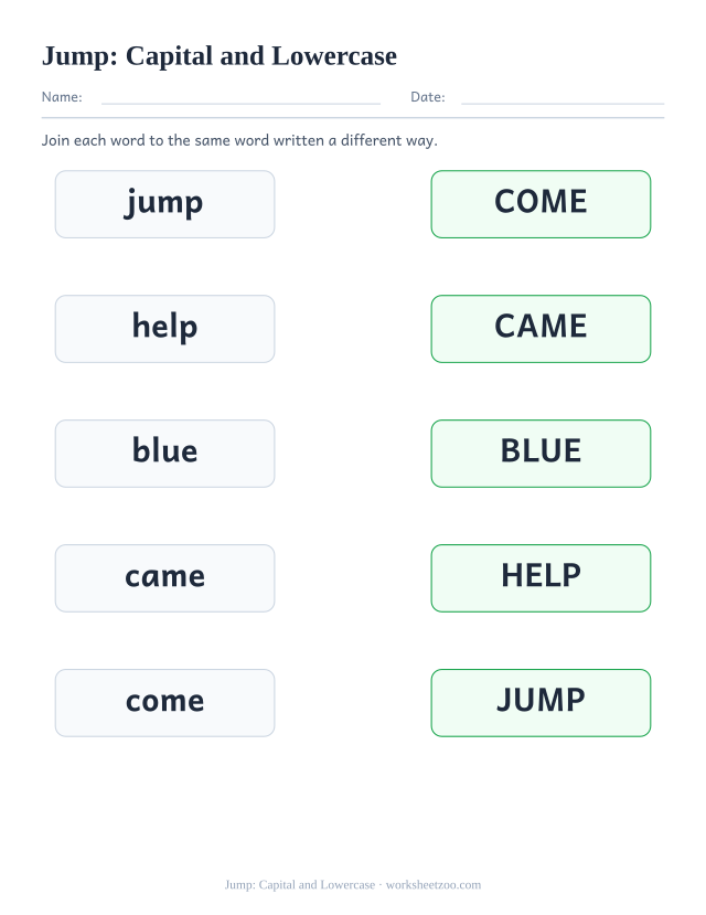Sight word “jump” worksheet, capital and lowercase printable activity