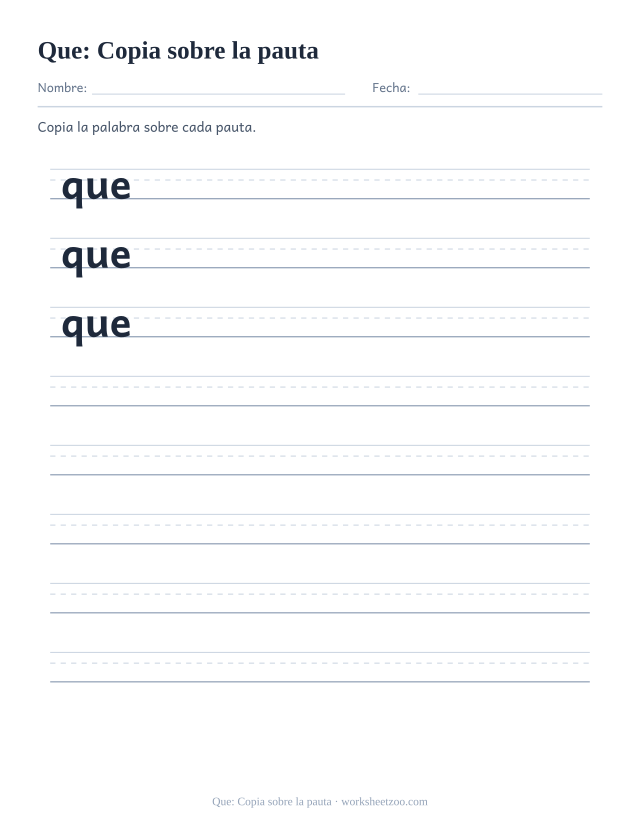Ficha de la palabra frecuente «que», copia sobre la pauta para imprimir