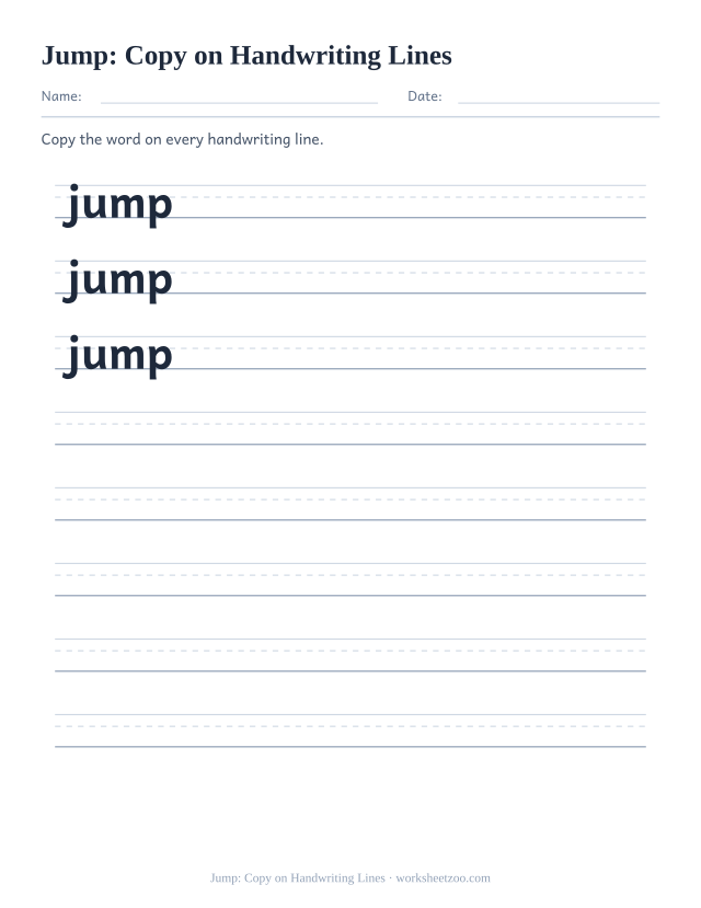 Sight word “jump” worksheet, copy on handwriting lines printable activity