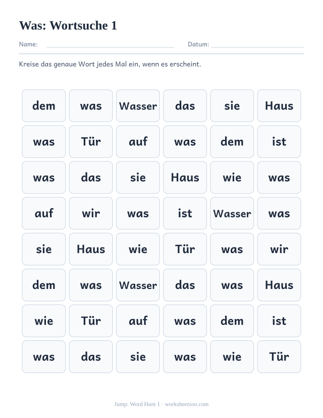 Vorschau: häufiges Wort „was“, Wortsuche 1