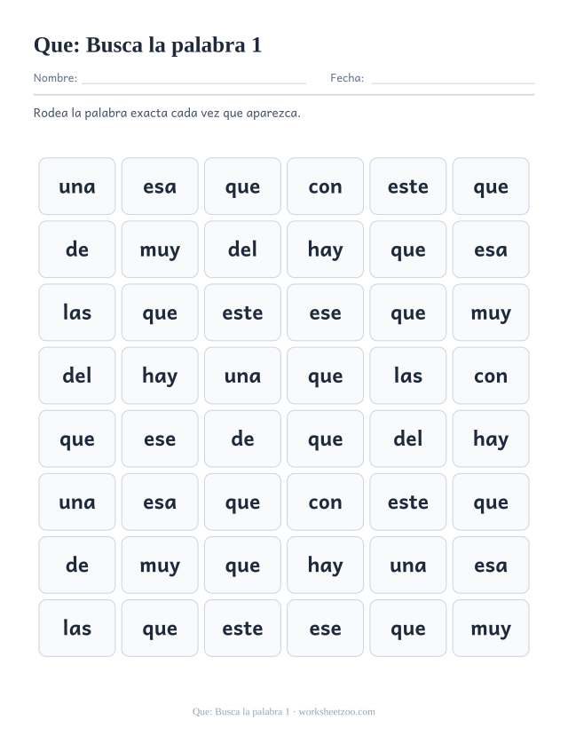 Ficha de la palabra frecuente «que», busca la palabra 1 para imprimir