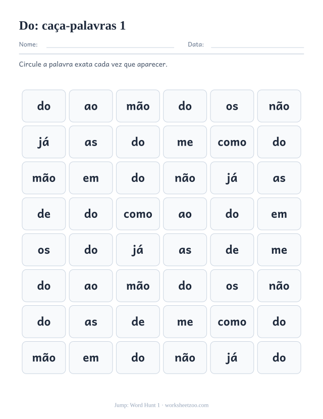 Prévia da palavra frequente “do”, caça-palavras 1