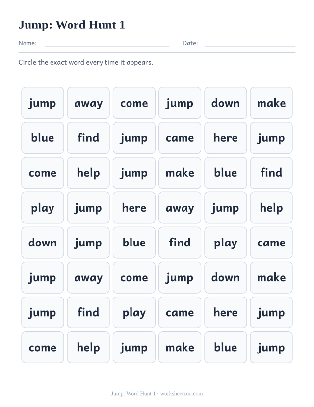 Sight word “jump” worksheet, word hunt 1 printable activity