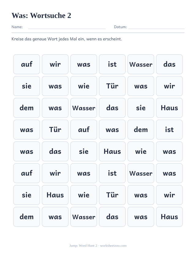 Vorschau: häufiges Wort „was“, Wortsuche 2