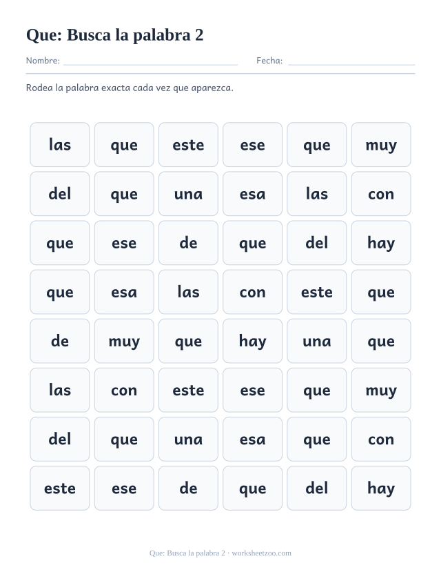 Ficha de la palabra frecuente «que», busca la palabra 2 para imprimir