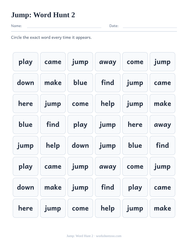 Sight word “jump” worksheet, word hunt 2 printable activity