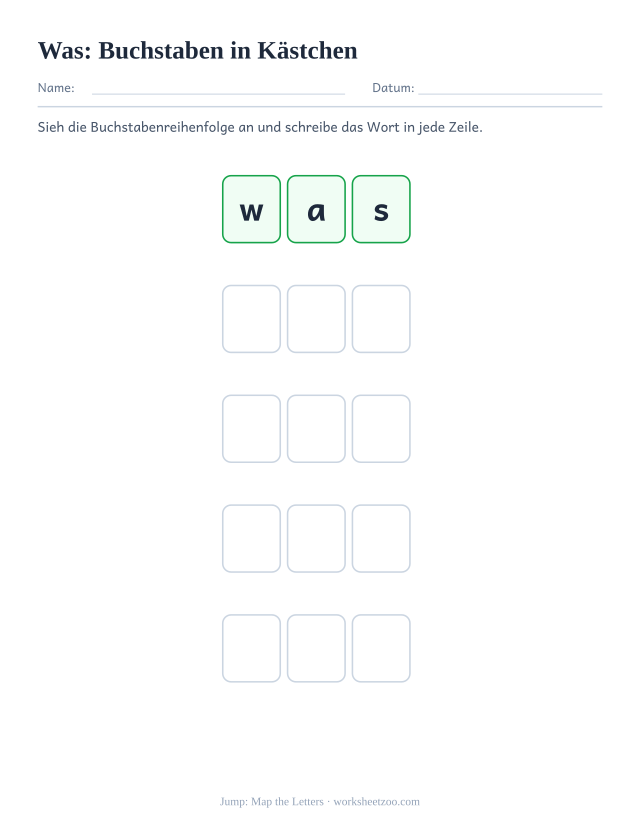 Vorschau: häufiges Wort „was“, Buchstaben in Kästchen