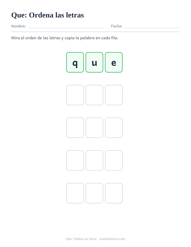 Ficha de la palabra frecuente «que», ordena las letras para imprimir