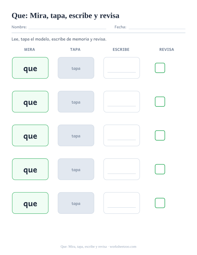 Ficha de la palabra frecuente «que», mira, tapa, escribe y revisa para imprimir