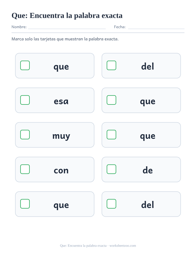 Ficha de la palabra frecuente «que», encuentra la palabra exacta para imprimir
