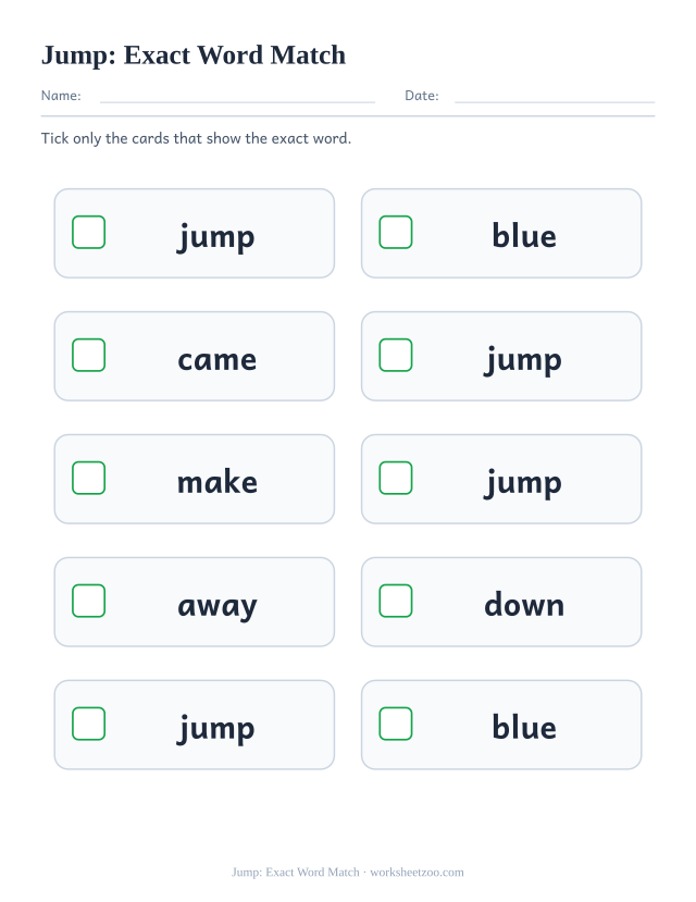Sight word “jump” worksheet, exact word match printable activity