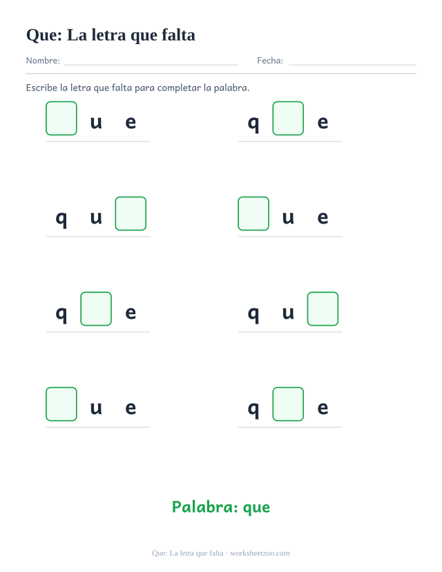 Ficha de la palabra frecuente «que», la letra que falta para imprimir