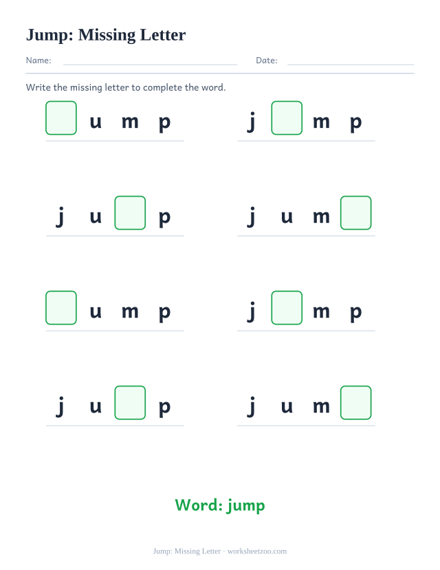 Sight word “jump” worksheet, missing letter printable activity