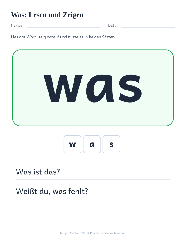 Vorschau: häufiges Wort „was“, Lesen und Zeigen