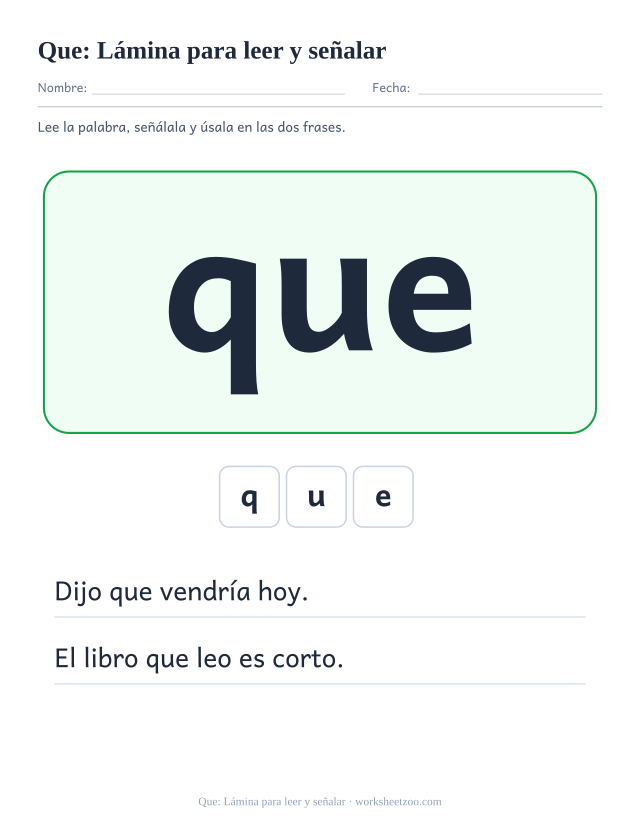 Ficha de la palabra frecuente «que», lámina para leer y señalar para imprimir