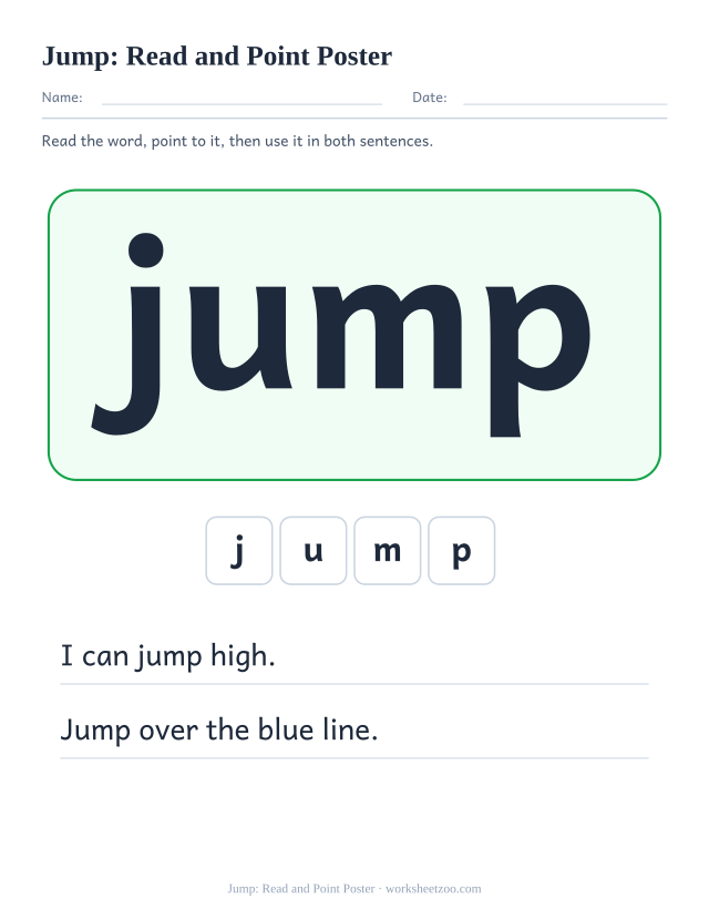 Sight word “jump” worksheet, read and point poster printable activity