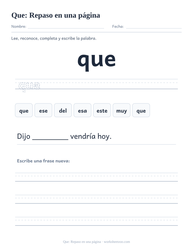 Ficha de la palabra frecuente «que», repaso en una página para imprimir